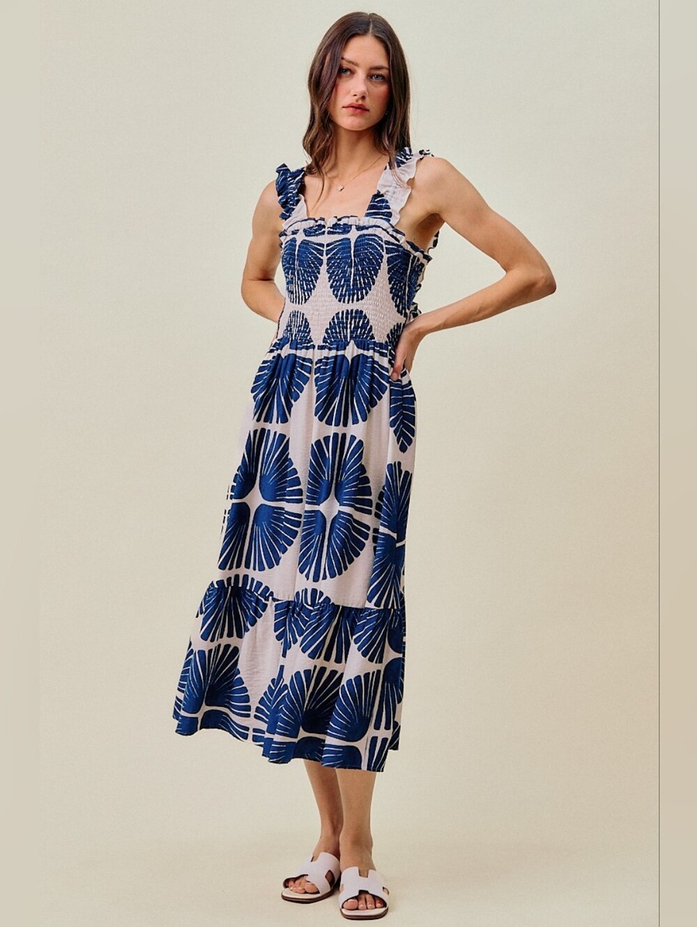 SO ME Abstract Print Smocked Bodice Tiered Lined Midi Dress - Picture 2 of 13